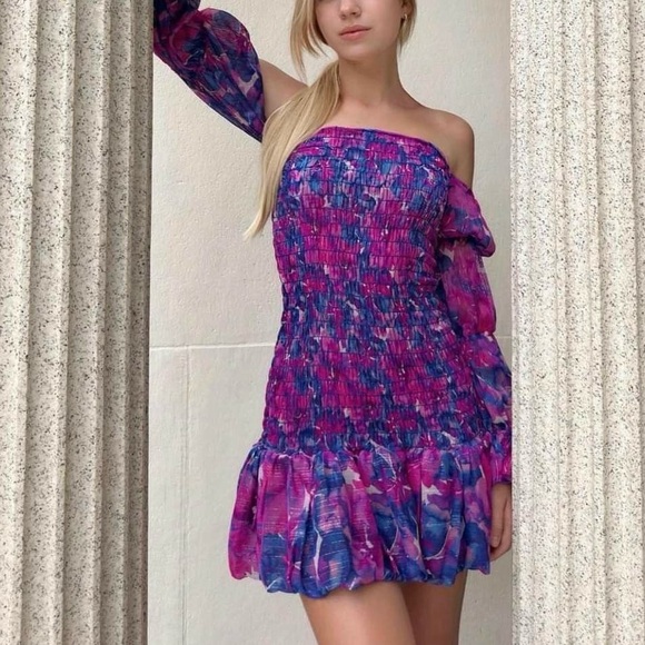 MISA Los Angeles Noura Smocked Mini Dress Watercolor Blues Size XS - Picture 4 of 11